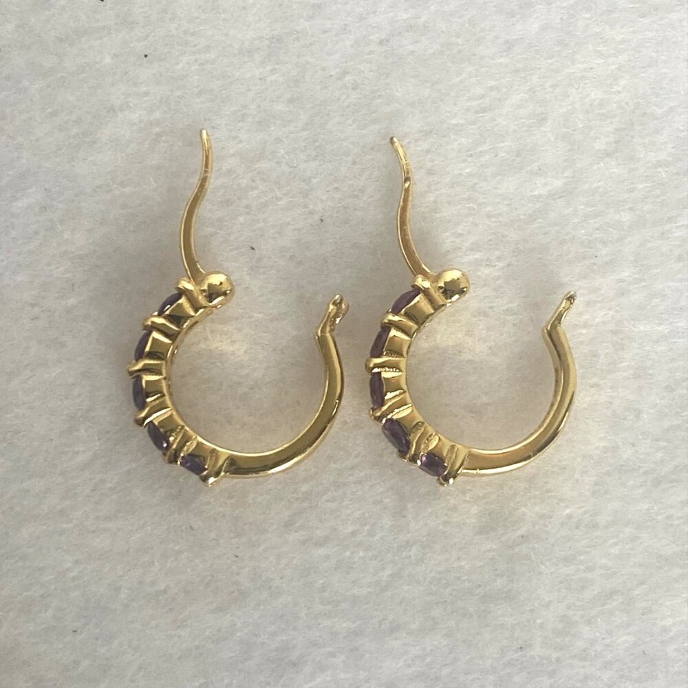 Gold Vermeil Sterling Silver 925 DBJ Round Amethyst Small Huggie Hoop Earrings - Picture 7 of 16